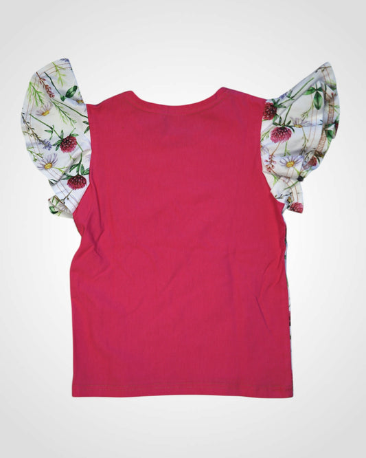 Pohlad zozadu na detské bavlnene tricko s volanovymi rukavmi.