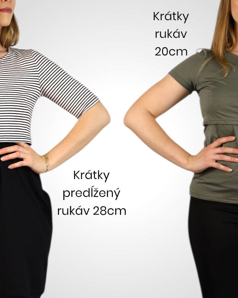Ukážka rôznych dĺžok rukávov pre tričká na dojčenie a nosenie.