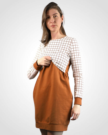 Šaty na dojčenie z nepočesanej teplákoviny Brown Grid
