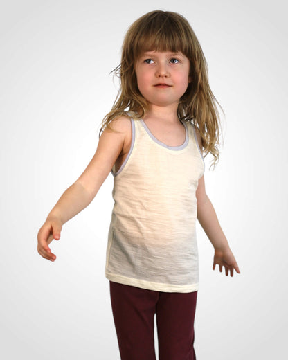 Prírodné detské merino tielko s farebným lemom – ideálne pre citlivú pokožku.