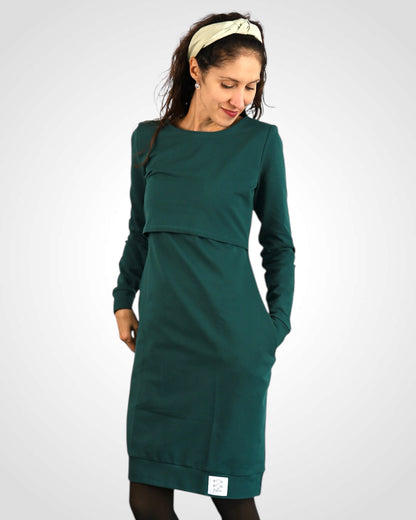 Kojo šaty pre dojčiace mamy, vhodné aj počas tehotenstva a nosenia, z mäkkej teplákoviny s praktickými vreckami.