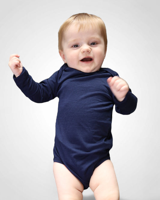 Modré merino body pre bábätko z prírodnej merino vlny, slovenská výroba BonBon Fashion. Mäkké, priedušné a ideálne pre citlivú detskú pokožku.
