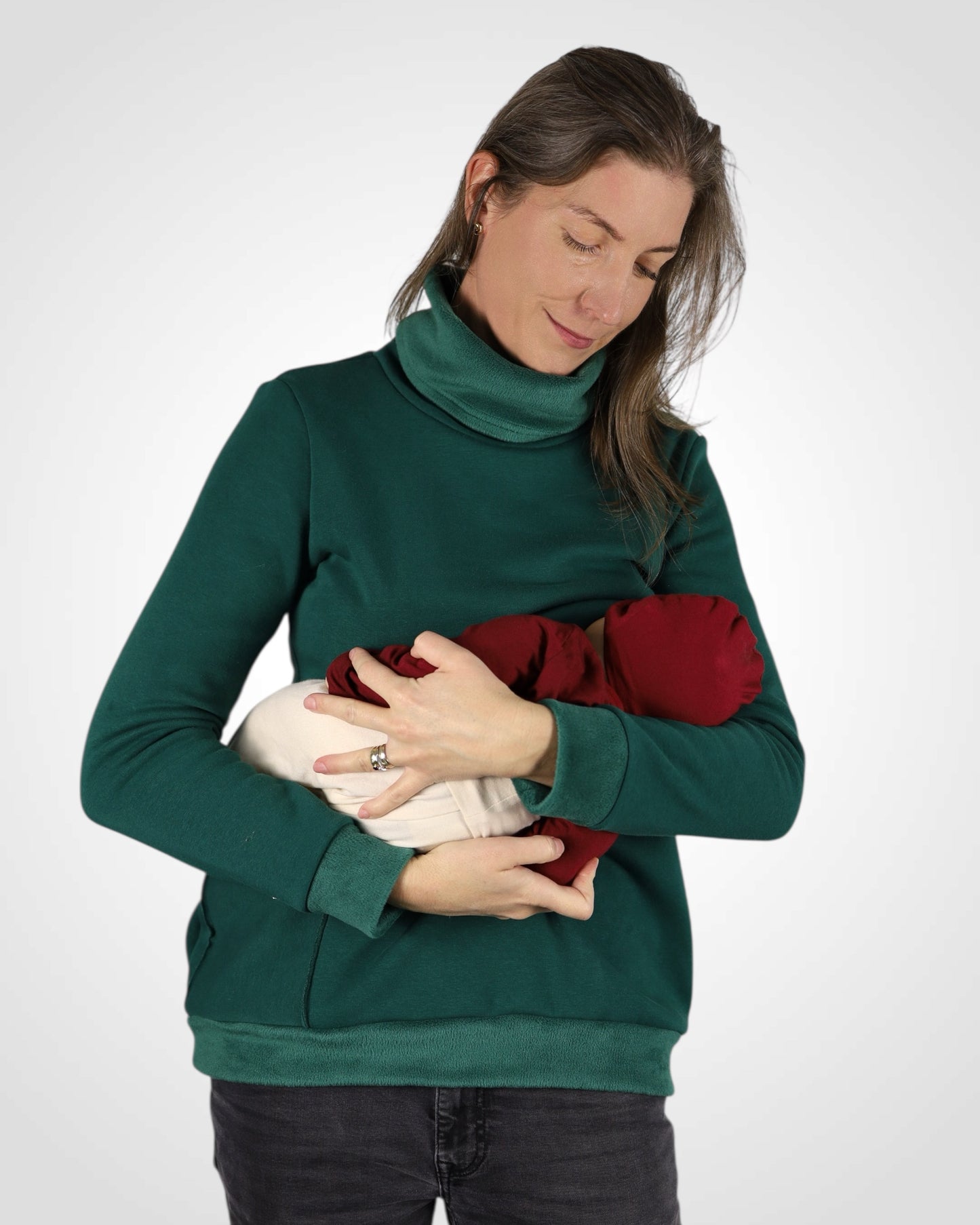 Zelená mikina na zimné dni – soft alpenfleece, komfort pre maminku aj bábätko