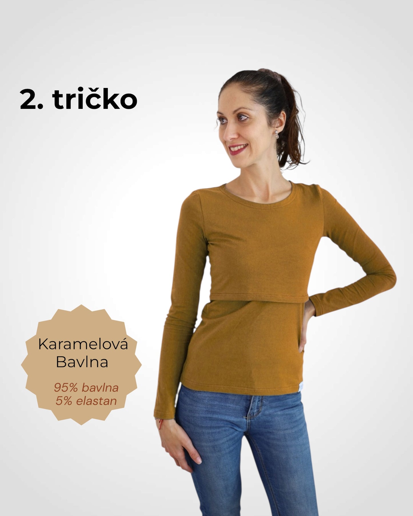 Balenie tri kojo tričká na mieru v zemitých farbách - 2. tričko s dlhým rukávom z kvalitnej bavlny vo farbe karamel.